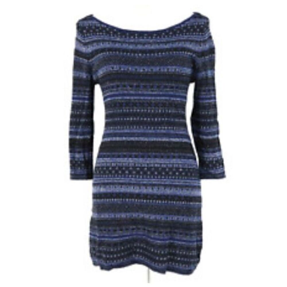 White House Black Market Sweater Large black Blue Stripe Knit Cut Out Tunic WHBM